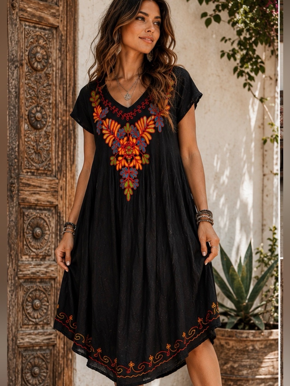 Black Embroidered Boho Tunic Dress Free Size Festival Hippie Mexican Gauze